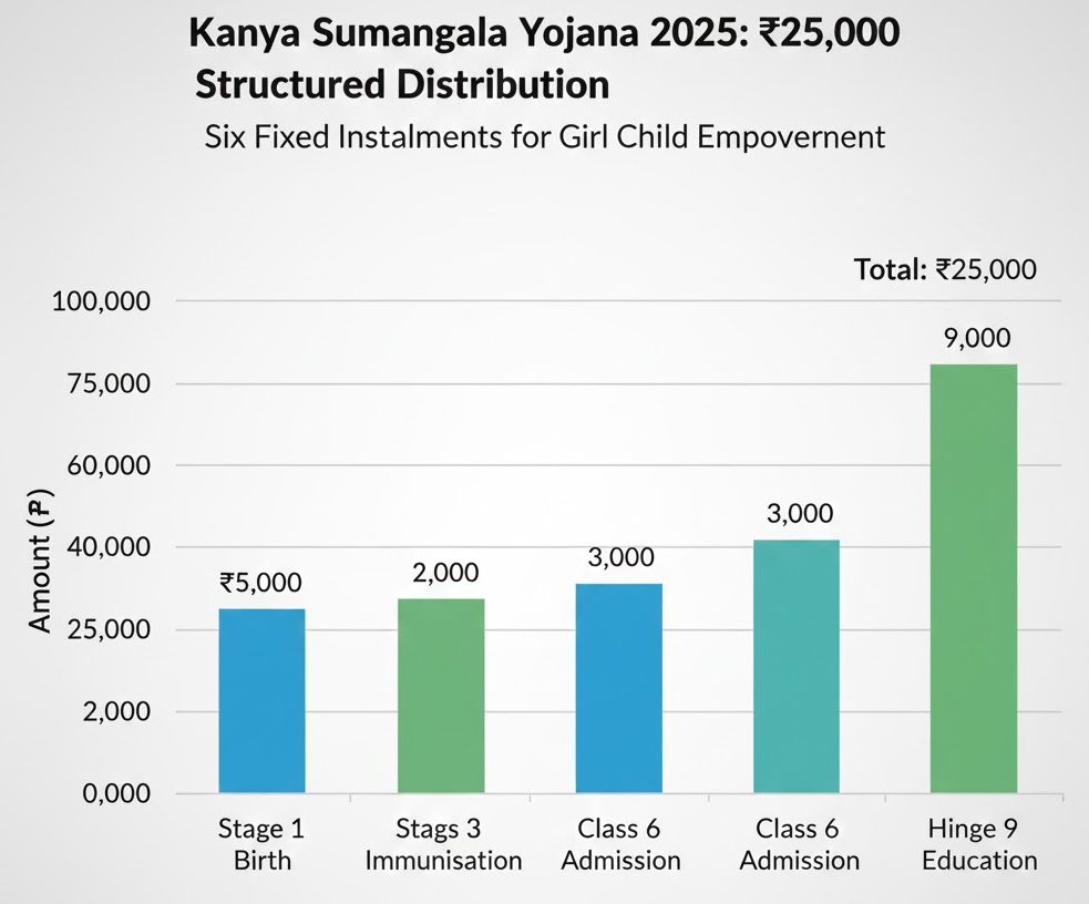 Bar chart showing six-stage distribution of ₹25,000 under Kanya Sumangala Yojana 2025