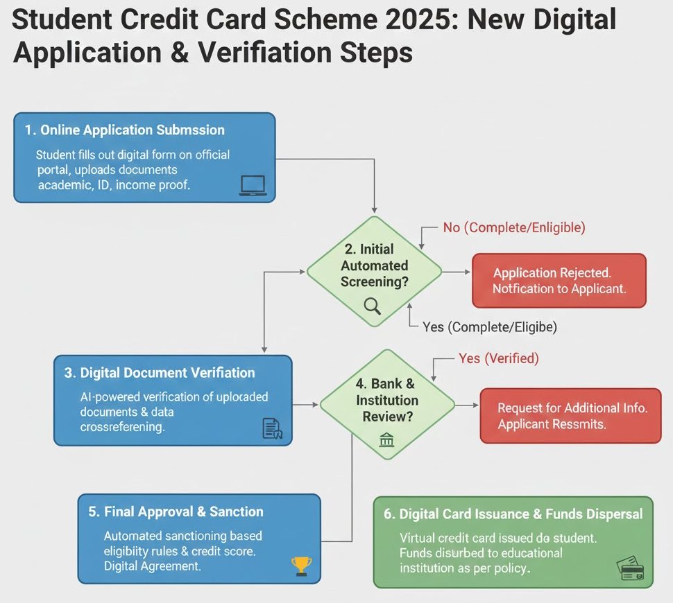 Flowchart showing the new digital application and verification steps under the Student Credit Card Scheme 2025